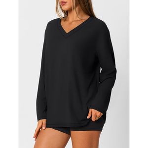 Custom Wholesale Women Long Sleeve V-Neck T-<b>Shirt</b> Loose Fit Oversized Cotton Solid Color Casual Drop Shoulder Pullover Tops - Product Image 3