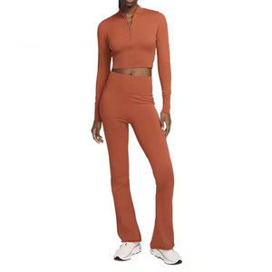 Vintage Women's Cropped Zip-Up <b>Top</b> and Flared Pants Jogger Set Custom <b>Woolen</b> Sweatsuit for Winter Streetwear Washed Technique - Product Image 1