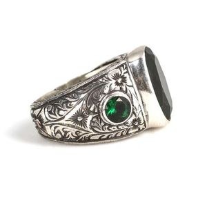 Handcrafted 925 Sterling <b>Silver</b> Men's <b>Ring</b> with Green <b>Emerald</b> Stone & Bezel-Set Engraved Design - Product Image 3