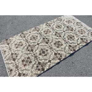 Turkish Vintage Area Rug 3.6x6.9 ft, <b>Brown</b> White Floral <b>Wool</b> Rug - Product Image 2