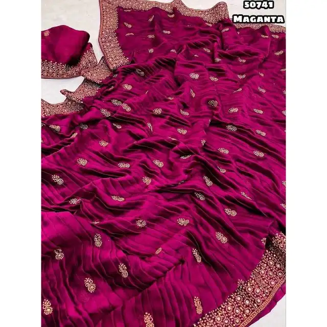Vêtements indiens lourds du Pakistan de haute qualité, chemisier sari avec broderie or Zari et travail de pierre