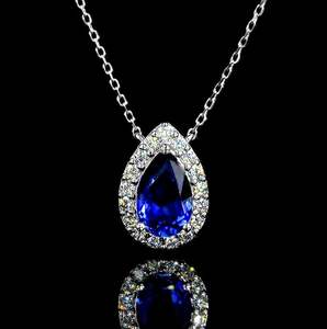 Blue Diamond Pear <b>Necklace</b> Gold Plated Sterling <b>Silver</b> with Lab Created Diamond Halo Custom Charms - Product Image 1