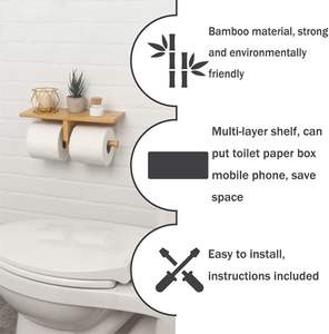 Porte-papier hygiénique avec double porte-rouleau Porte-papier hygiénique en bois mat Étagère de rangement pour papier hygiénique avec lingettes humides - Product Image 4