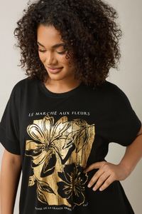 เสื้อยืดผ้าโมดอลพิมพ์ลายดอกไม้ผ้าฝ้าย100% สีดำเมทัลลิคสำหรับผู้หญิงขนาดใหญ่พิเศษอุปกรณ์โรงงานผลิต OEM/ODM บังคลาเทศจำนวนมาก - Product Image 4