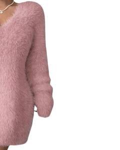 Vestido de Suéter de Punto Rosa Personalizado para Mujer, Cuello en V, Manga Larga, Felpa Suave, Cálido para Invierno, Moda, OEM, Venta al por Mayor, Hecho a Medida - Product Image 3
