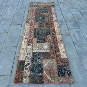 Alfombra Turca 3x9.7 pies (91x297 cm), Alfombra Vintage con Diseño de Cuadros Azules - Product Image 1