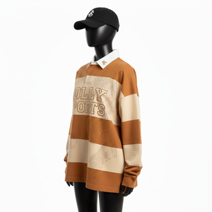 Camiseta de rugby para mujer, 280 GSM, jersey de algodón premium, paneles colorblock marrón beige, logotipo personalizado bordado, camisetas de rugby para mujer - Product Image 4