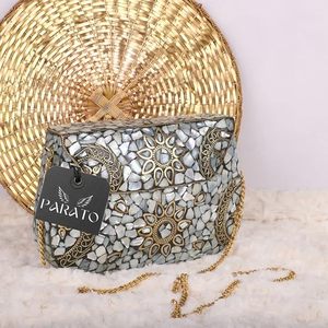 Antique Style Handcrafted Resin Clutch Premium Quality Waterproof Removable Strap Chains Straps Pearl Beading Flowers - Product Image 1