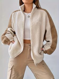 Sweat-shirts à fermeture éclair en laine d'agneau tricotée pour femmes, écologiques, respirants, tendance, deux couleurs, automne-hiver, couleur contrastée - Product Image 3