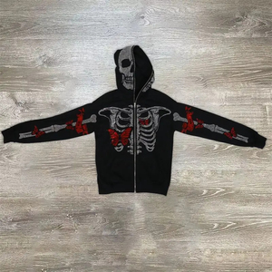 Sudadera con capucha transpirable para hombre, diseño personalizado con lavado ácido, pedrería y cremallera, de forro polar de algodón y poliéster de secado rápido. - Product Image 2