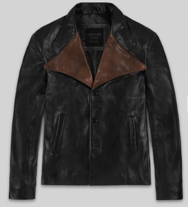 Chaqueta de Cuero Genuino para Hombre, Estilo Motero, Cuello Camisero, Cierre de Botón, Negra con Forro Marrón, Modelo Otoño 2027 - Product Image 2