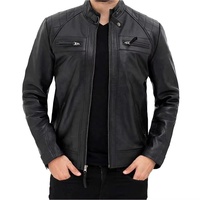 Blouson moto homme en cuir véritable noir, fermeture éclair, col montant, coupe ajustée, coupe-vent, vêtement d'extérieur hiver, manches classiques, devant zippé