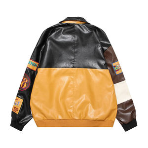 Tendance nouvelle mode hommes Streetwear coupe-vent couleur bloc Patchwork Logo personnalisé brodé Faux cuir Pu Bomber veste - Product Image 2