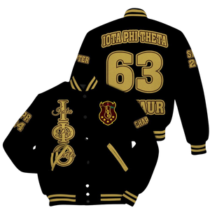 Iota Phi Theta 1963 Premium Varsity Jacket Letterman Brown Gold Greek Life Fraternity Apparel Classic College Wear - Product Image 1