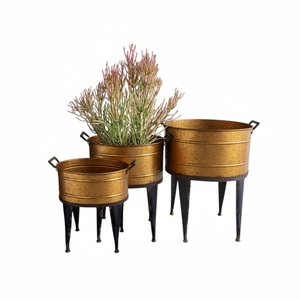 Elegant Indoor Outdoor Large Brass Metal <b>Planter</b> Bucket With Black Iron Stand And <b>Wooden</b> Handles Gold Finish For <b>Garden</b> Decor - Product Image 3