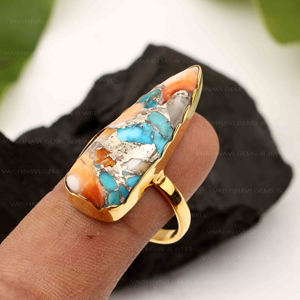 Bague en pierres précieuses turquoise en cuivre huître naturelle 10x30mm de long trillion 925 bijoux bohème en argent sterling fête à la mode - Product Image 1