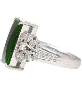 Anillo de filigrana Vintage de turmalina y diamantes de indicolita de platino, anillo Vintage de turmalina verde alargado para mujer - Product Image 1