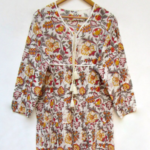 2023 Collection gros col en v caftan robe florale cravate-teinture bouton modeste longues demi manches rayonne tissu ample côté - Product Image 1