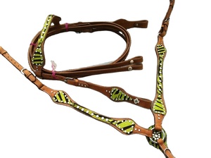 Set di stalla e colletto con testa occidentale con redini di alta qualità nuova punta di Design con stampa zebrata <span class=keywords><strong>verde</strong></span> Set di puntine per cavalli - Product Image 2