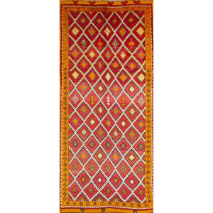Tapis en laine noués à la main Nuray, géométriques, 9x12, pour salon, chambre, couloir, rectangulaires, abstraits, coloris orange et rouge - Pae-139 - Product Image 1