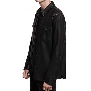 เสื้อเชิ้ตผู้ชายหนังแท้สีดำ ระบายอากาศได้ดี ป้องกันรอยยับ เป็นมิตรกับสิ่งแวดล้อม คุณภาพสูง น้ำหนักเบา ผ้าซาติน สไตล์หรูหรา ผลิตตามแบบ OEM - Product Image 3