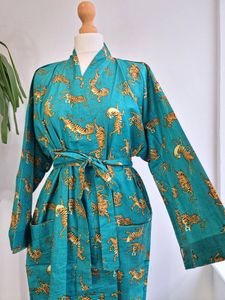 Pur coton indien bloc imprimé été Kimono profond Turquoise guépard Floral plage couverture confortable maternité maman longueur au sol - Product Image 3