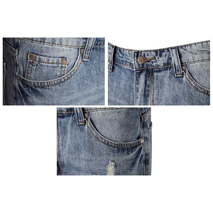Pantalones cortos vaqueros holgados para hombre, azules, desgastados, con parches rasgados, dobladillo con vuelta, hasta la rodilla, corte regular, mezcla de algodón, 5 bolsillos - Product Image 3