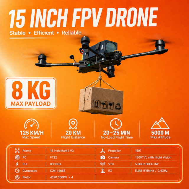 15inch Mark4 V3 Heavy Lift Drone 8KG Payload 20km Long Range FPV Drone with Night Vision Camera for Industrial Delivery