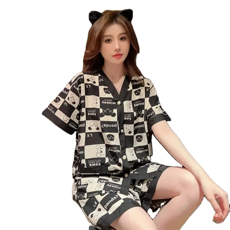 Nuovo pigiama estivo a maniche corte da donna abbigliamento da notte in seta di latte Cardigan coreano vestiti per la casa set di due pezzi