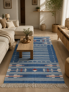 Tapis moderne en coton tissé à la main, bleu rayé, motif aztèque géométrique avec franges et pompons pour salon et décoration intérieure - Product Image 1