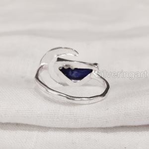 Joyería de piedra en bruto Anillo de mujer Lapislázuli natural Piedra preciosa Piedra DE NACIMIENTO Luna creciente Anillo ajustable Anillo de plata esterlina 925 - Product Image 5