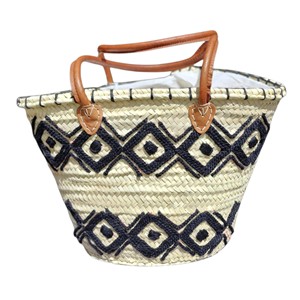 Sac fourre-tout en paille tressée imperméable avec doublure en coton, idéal pour la plage, fermeture ouverte, poignées en cuir, motif géométrique brodé - Product Image 1