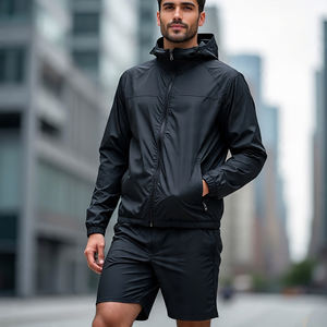 Conjuntos de pantalones cortos cortavientos de color sólido para hombre, Sudadera con capucha y cremallera impermeable, jersey de color sólido, chaqueta, conjunto de pantalones cortos cortavientos - Product Image 5