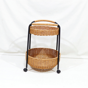 Chariot en osier à 2 niveaux panier rond cadre en métal avec roues organisateur tissé à la main pour la maison et le bureau - Product Image 3