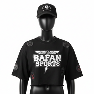 Crop top femme en coton élasthanne GSM premium, tissu extensible doux, couleur noire, impression sérigraphique, logo personnalisé. - Product Image 1