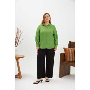 RMG Plus Size Green Stone Detail Woven Polyester Shirt for Women - Elegant Casual Long Sleeve Blouse <b>Top</b> - Product Image 3