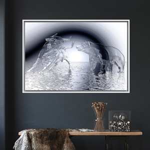 Art abstrait moderne sur toile représentant un taureau et un ours - Décoration murale imprimée, 1P : encadré blanc - Product Image 1