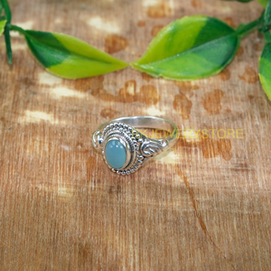 Natural Blue Chalcedony Gemstone 925 Sterling <b>Silver</b> Handmade <b>Beaded</b> Design Ring | Boho Vintage Style Jewelry for Women - Product Image 4