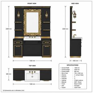 Estación de Trabajo de Barbería Moderna de Alta Gama con Espejo Doble, Marco Dorado, Lavabo y Almacenamiento |   Muebles de Salón para Barberías Decorsall - Product Image 2
