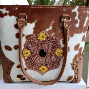 New Western Handcrafted Tooled <b>Hair</b> on Hide Fur Leather Handbag Women's Stylish Shoulder Bag and Craving Strap Bag - Product Image 1