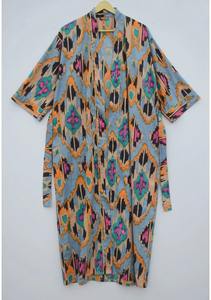 Comfortable 100% Cotton <b>Long</b> <b>Kimono</b> with Ikat Print for Women Lightweight Breathable Fabric Spring Summer Cover Lounging Luxury - Product Image 3