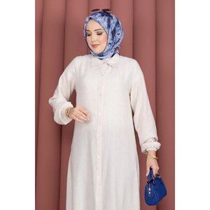 Túnica de Lino Crema para Mujer, con Botones, Diseño Holgado para Oficina, Temporada Primavera/Verano, Disponible en Talla XL - Product Image 2