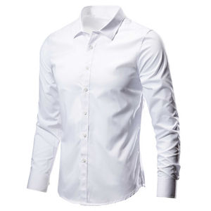 Camisas de vestir de estilo callejero ajustadas con logotipo personalizado teñido liso de manga larga de punto transpirable de tacto suave a la moda para hombres - Product Image 2