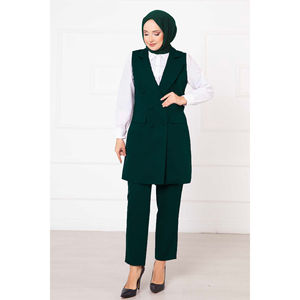Conjunto de Chaleco Largo y Blazer Esmeralda con Cuello de Pañuelo, Doble Botonadura, Estilo Casual, Tejido de Algodón y Spandex, Talla XL para Verano y Otoño - Product Image 3