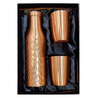 Bouteille en métal martelé cuivre naturel grande capacité style américain, 2 tumblers, boîte noire, articles de bar, finition mate, durable, en métal