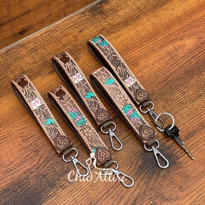 New Customized Wristlet Genuine Tooled Leather Keychain <b>Home</b> <b>Key</b> <b>Holder</b> Metal Heart Design Concho Promotional Gift for Unisex - Product Image 1
