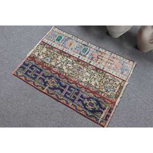 พรมตุรกี ขนาด 2.1x2.8 ฟุต สีน้ำเงินแดงลายตาราง ทำจากขนสัตว์ วินเทจ - Product Image 4