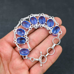 Designer 925 Silver Plated Lab-Created <b>Blue</b> <b>Topaz</b> <b>Bracelet</b> Handmade Fine Jewelry for Engagement or Gift 7-8 Inches Chain Style - Product Image 4