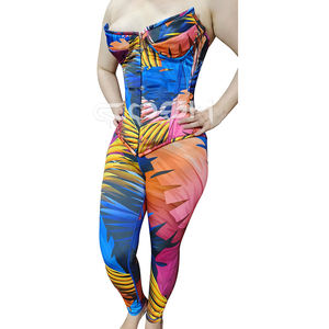 Tropical Leaves Print Overbust Slimming Corset Two Piece Set with Matching Stretchable Breathable Legging Outer Door wear Outfit - Product Image 4