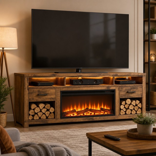 Electric Fireplace TV Stand 70.9 Inch Wood Storage with Remote Control 2 Drawers for 70 Inch TVs Living Room